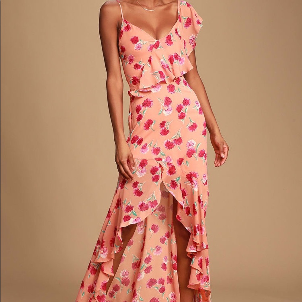 Lulu Bloom Forever Coral Orange Floral Print Ruffled High-Low Dress